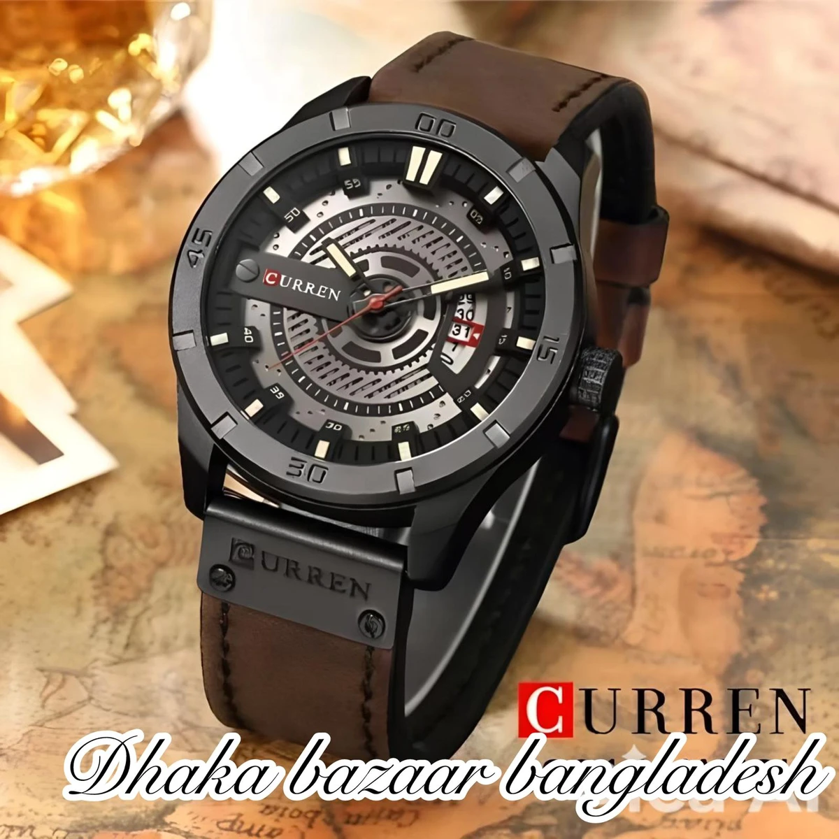CUREENT 83011 আর্টিফিশিয়াল লেদার নতুন ডিজাইনের পুরুষদের জন্য ঘড়ি COFFEE