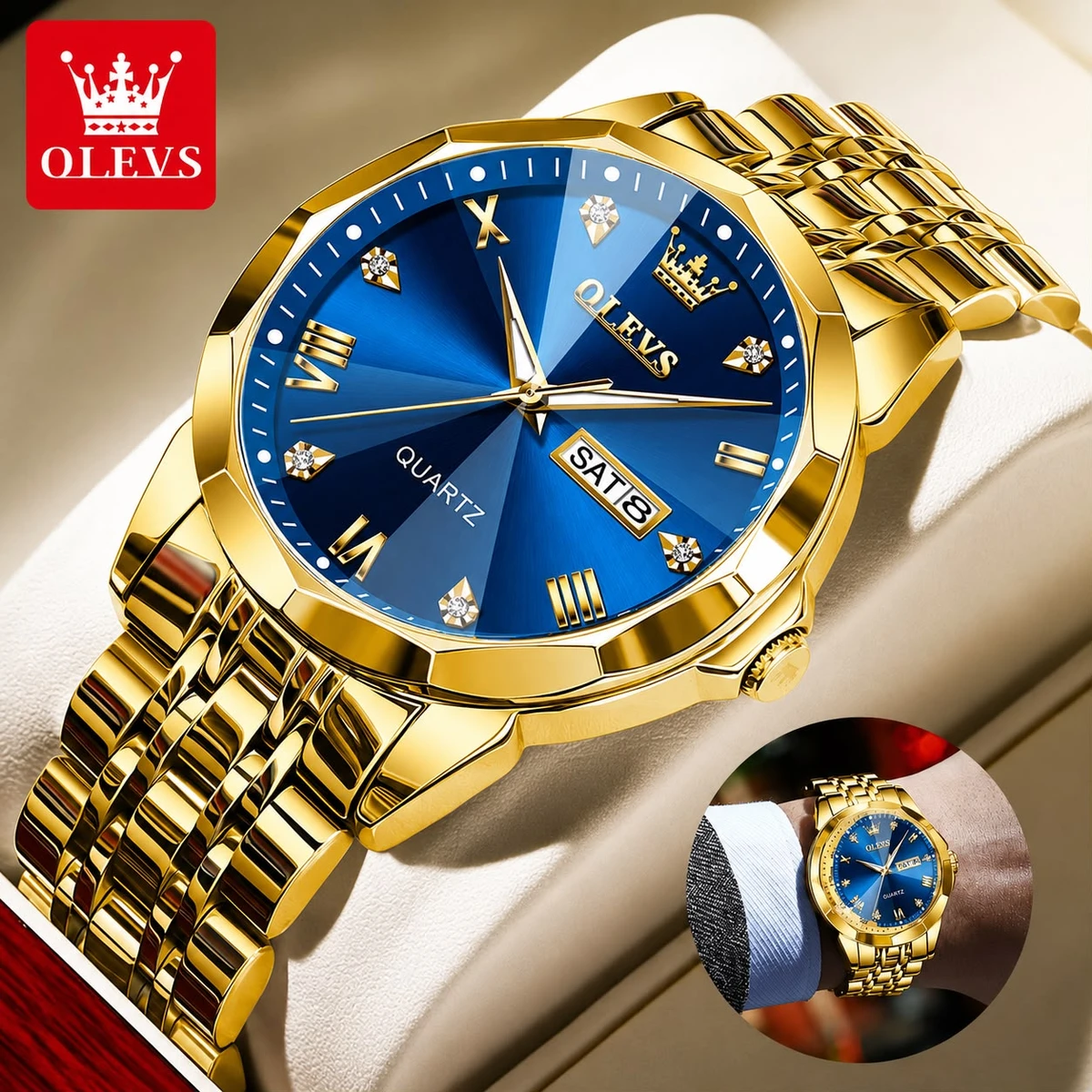 MAXZ OLIVES MAN নতুন ডিজাইনের পুরুষদের জন্য ঘড়ি GOLDEN BLUE