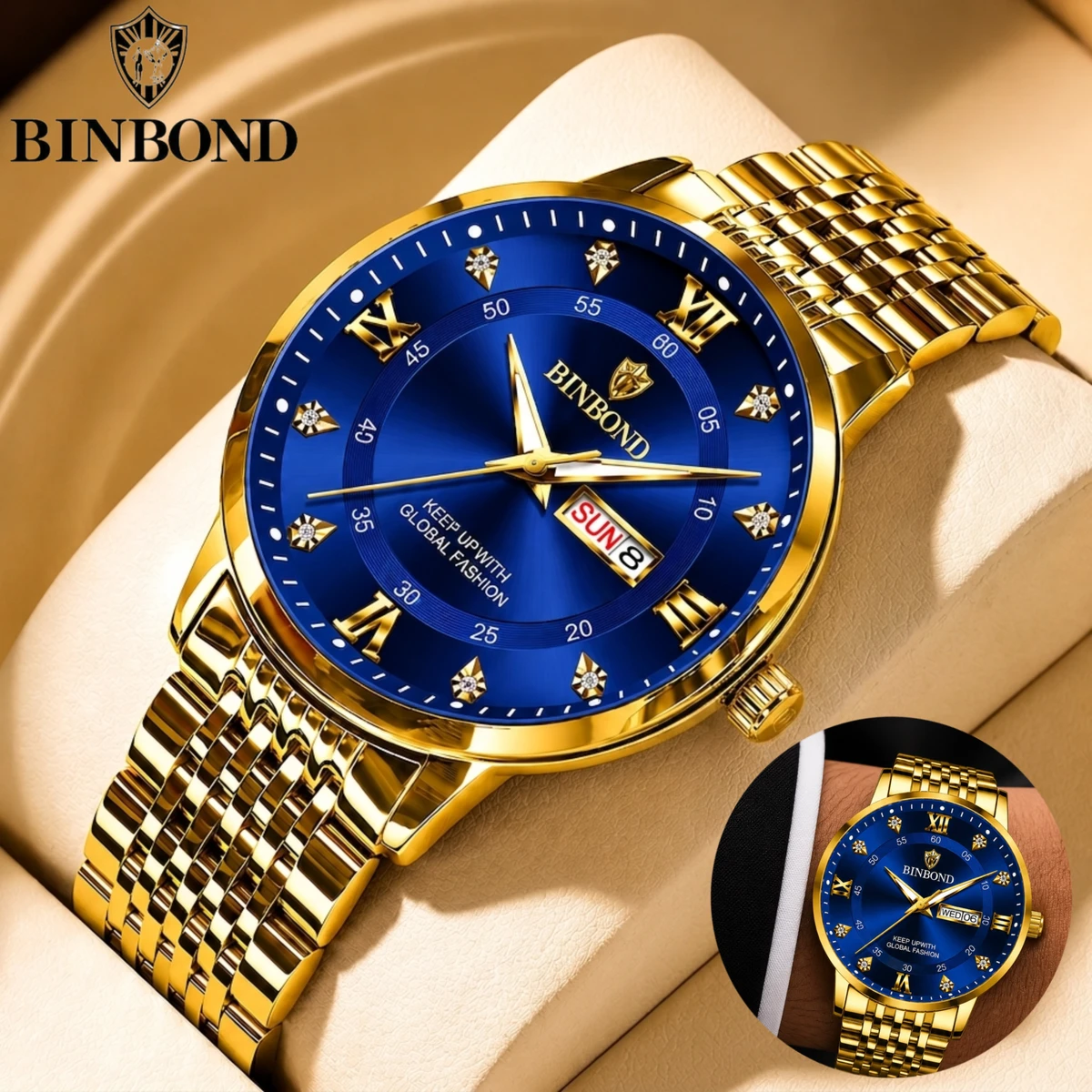 BINBOND23 নতুন ডিজাইনের পুরুষদের জন্য ঘড়ি GOLDEN BLUE