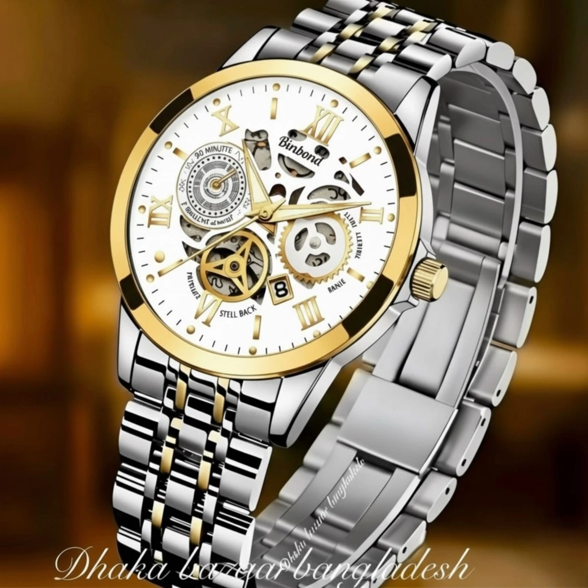 BINBOND 220A পুরুষের জন্য নন মেকানিক্যাল ওয়াটার প্রুফ ঘড়ি SILVER GOLDEN WHITE