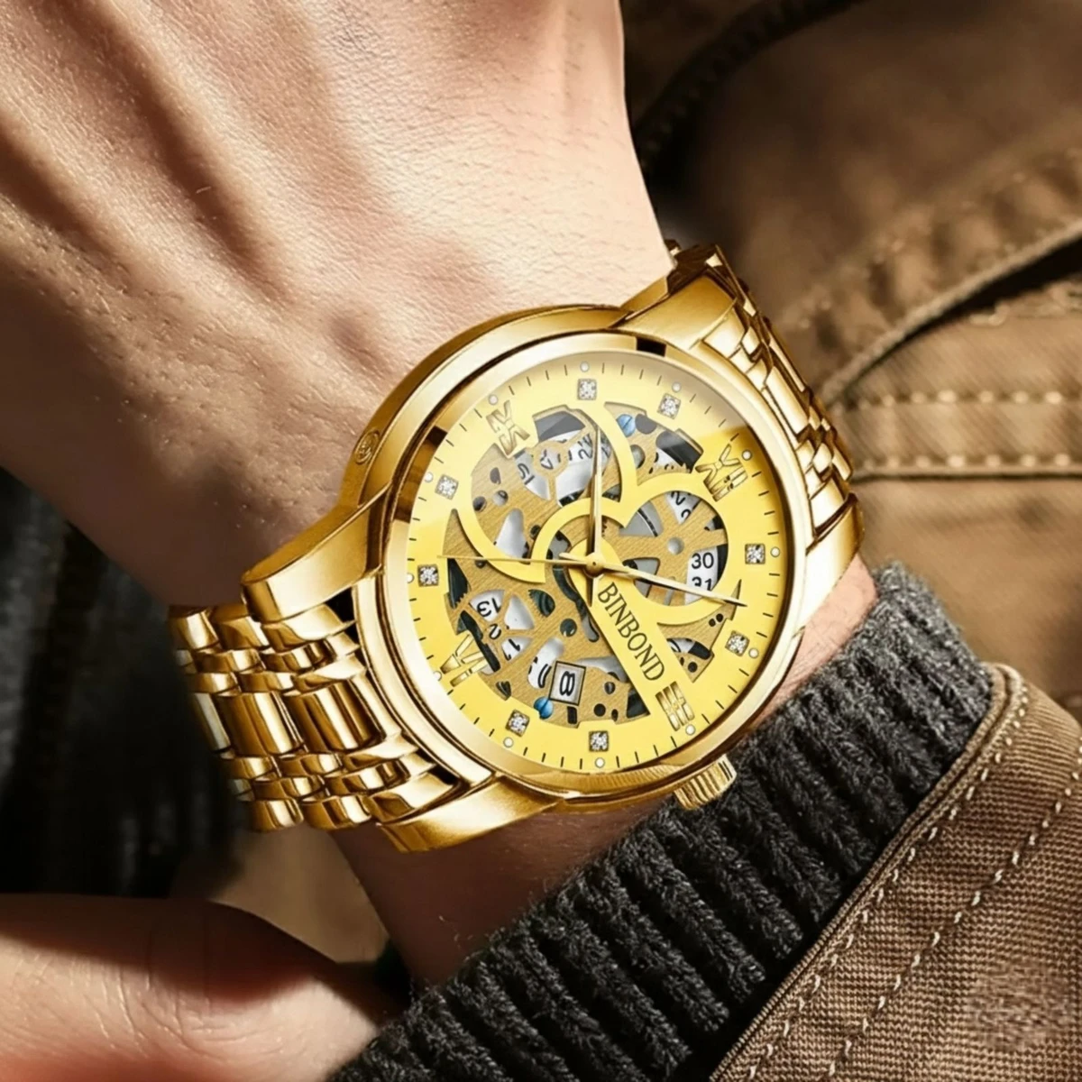 BINBOND BB12 পুরুষের জন্য নন মেকানিক্যাল ওয়াটার প্রুফ ঘড়ি GOLDEN