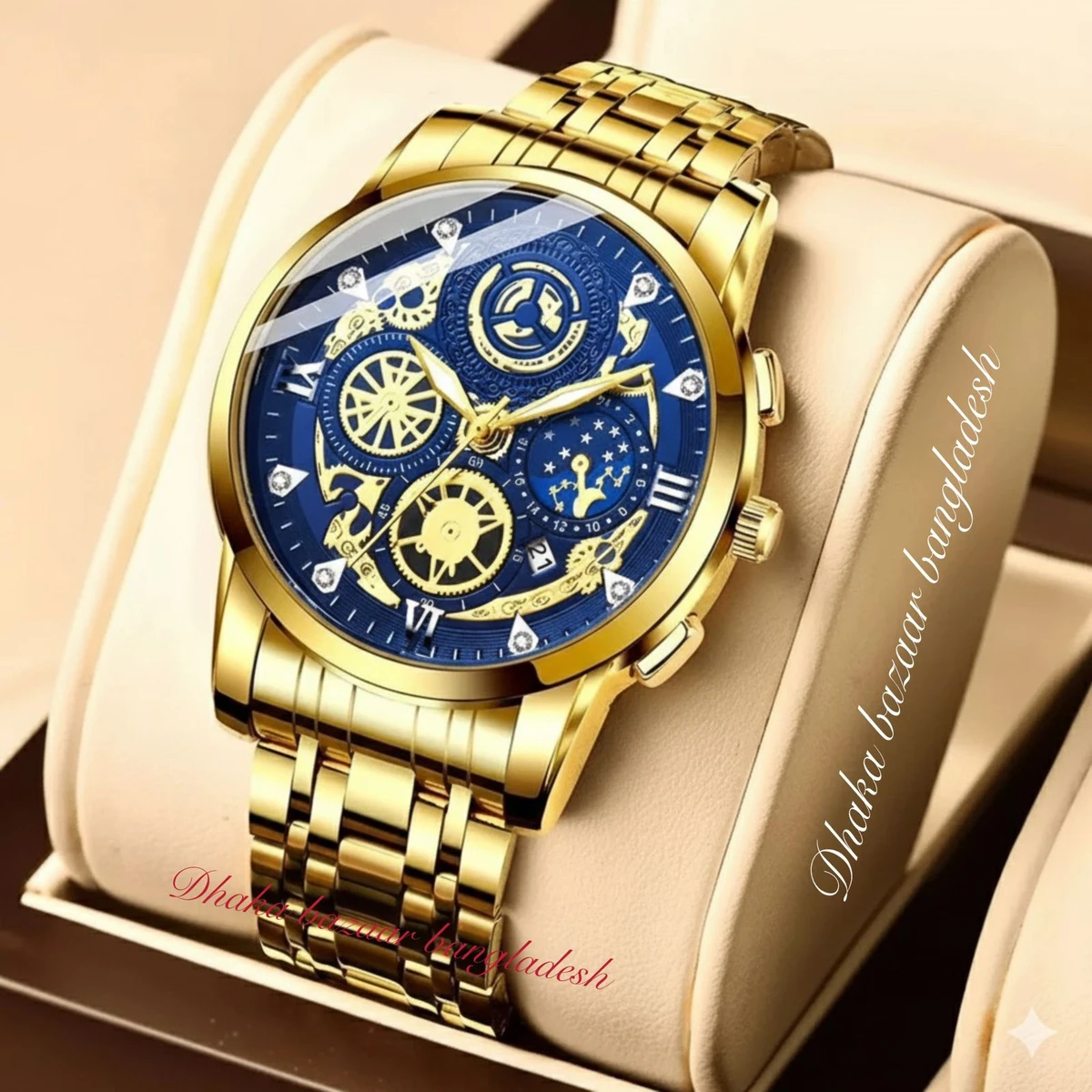 OLIVEZ 5233A পুরুষের জন্য নন মেকানিক্যাল ওয়াটার প্রুফ ঘড়ি GOLDEN BLUE