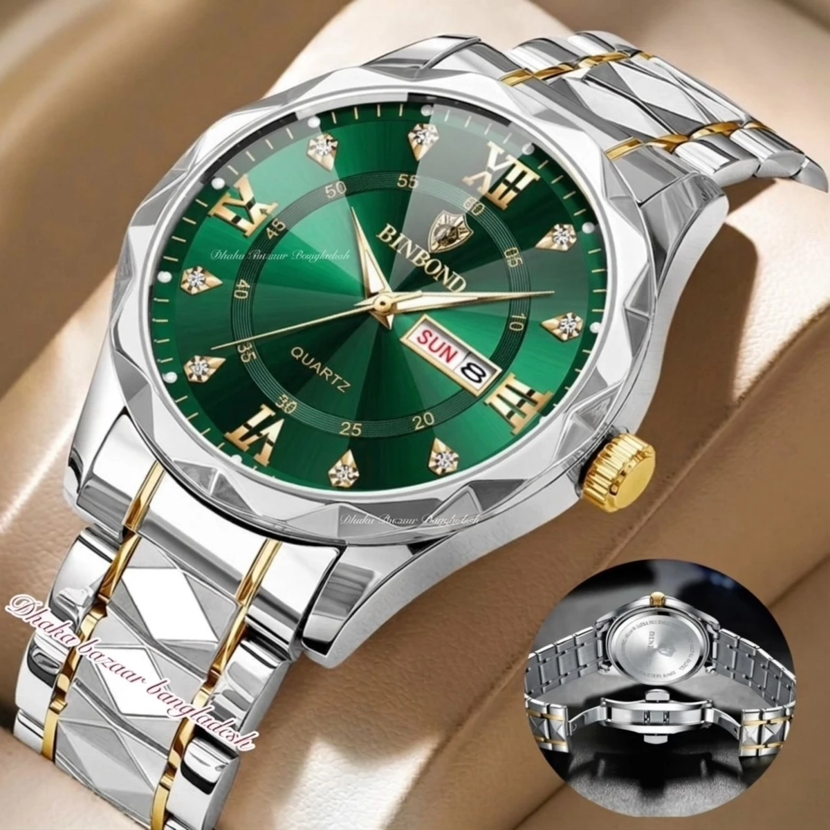 BINBOND 5512 ডায়মন্ড কাটিং এবং বাটারফ্লাই লক নতুন ডিজাইনের পুরুষদের জন্য ঘড়ি SILBER GOLDEN GREEN