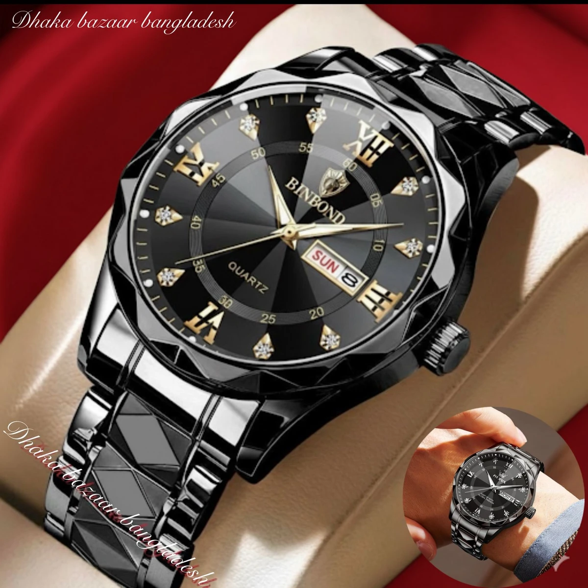 BINBOND 5512 ডায়মন্ড কাটিং এবং বাটারফ্লাই লক নতুন ডিজাইনের পুরুষদের জন্য ঘড়ি BLACK