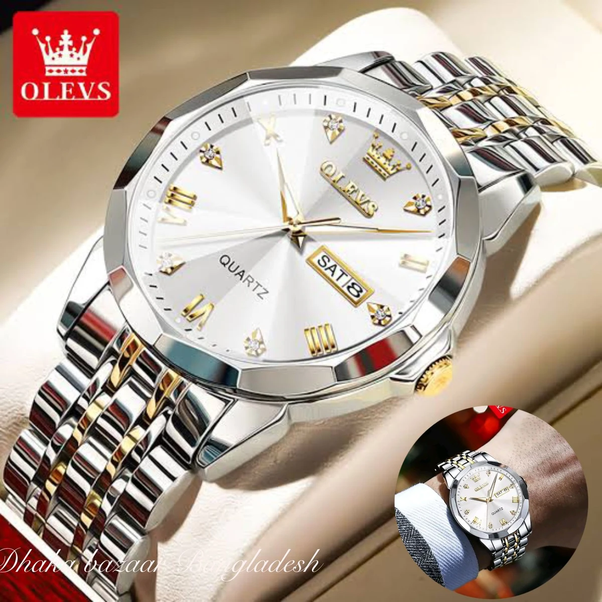 OliveZ 221 নতুন ডিজাইনের পুরুষদের জন্য ঘড়ি BSILVER GOLDEN WHITE