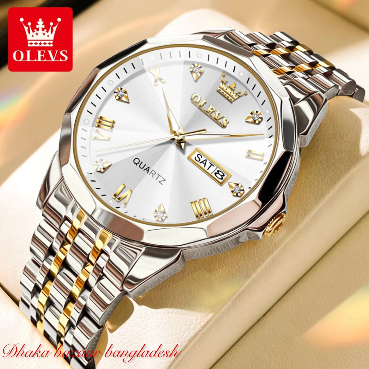 OliveZ 221 নতুন ডিজাইনের পুরুষদের জন্য ঘড়ি BSILVER GOLDEN WHITE