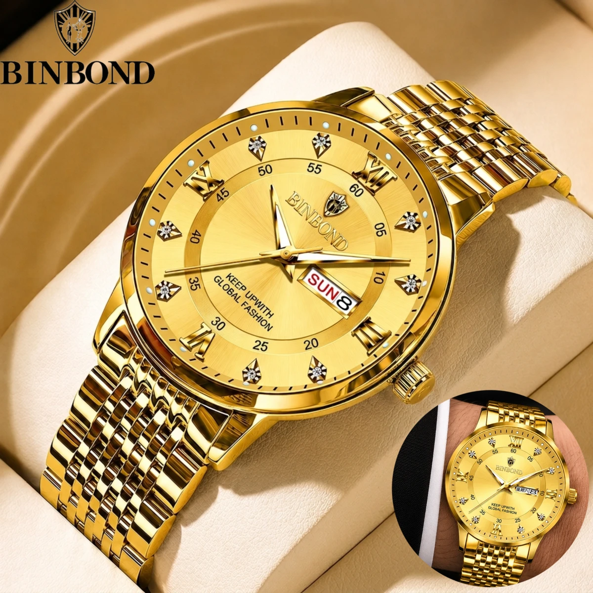 BINBOND23 নতুন ডিজাইনের পুরুষদের জন্য ঘড়ি FULL GOLDEN