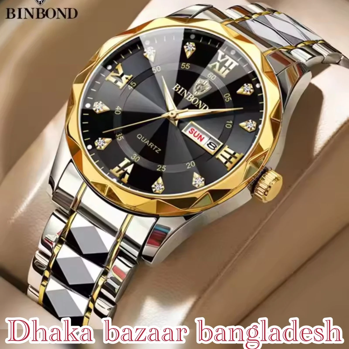 5512 BINBOND ডায়মন্ড কাট নতুন ডিজাইনের পুরুষদের জন্য ঘড়ি SILVER GOLDEN BLACK NEW