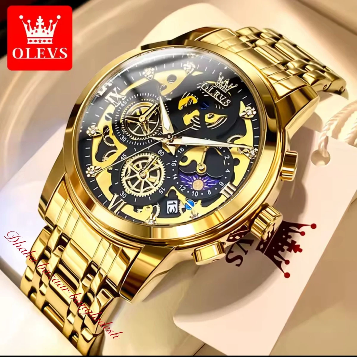 OLIVEZ 5233A পুরুষের জন্য নন মেকানিক্যাল ওয়াটার প্রুফ ঘড়ি GOLDEN BLACK