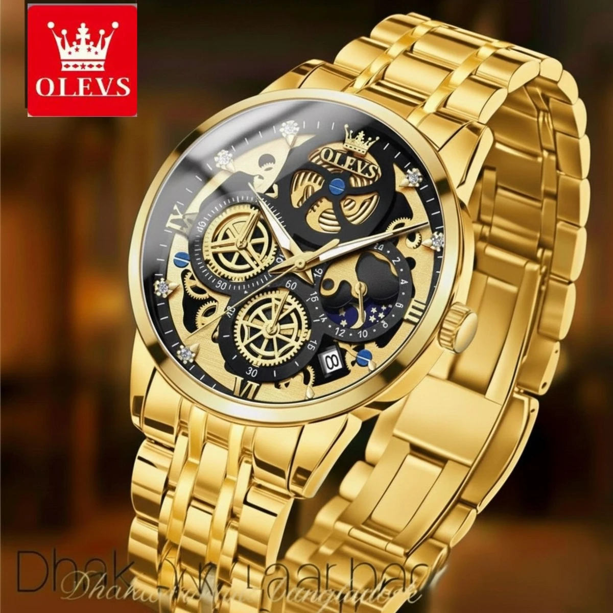 OLIVEZ 5233A পুরুষের জন্য নন মেকানিক্যাল ওয়াটার প্রুফ ঘড়ি GOLDEN BLACK