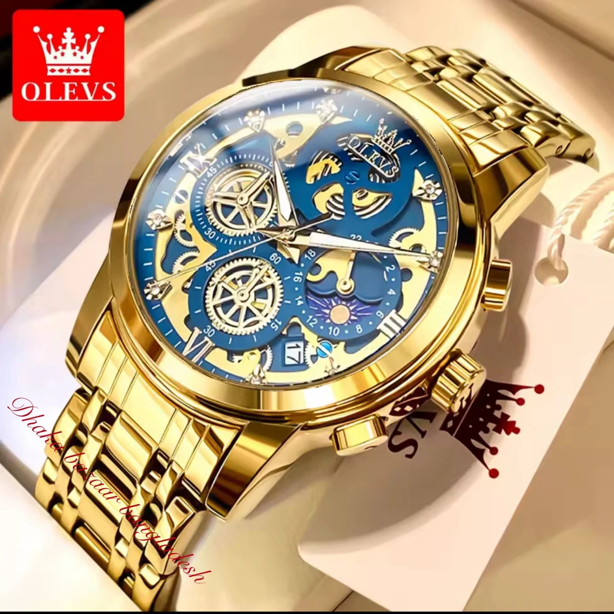 OLIVEZ 5233A পুরুষের জন্য নন মেকানিক্যাল ওয়াটার প্রুফ ঘড়ি  GOLDEN BLUE
