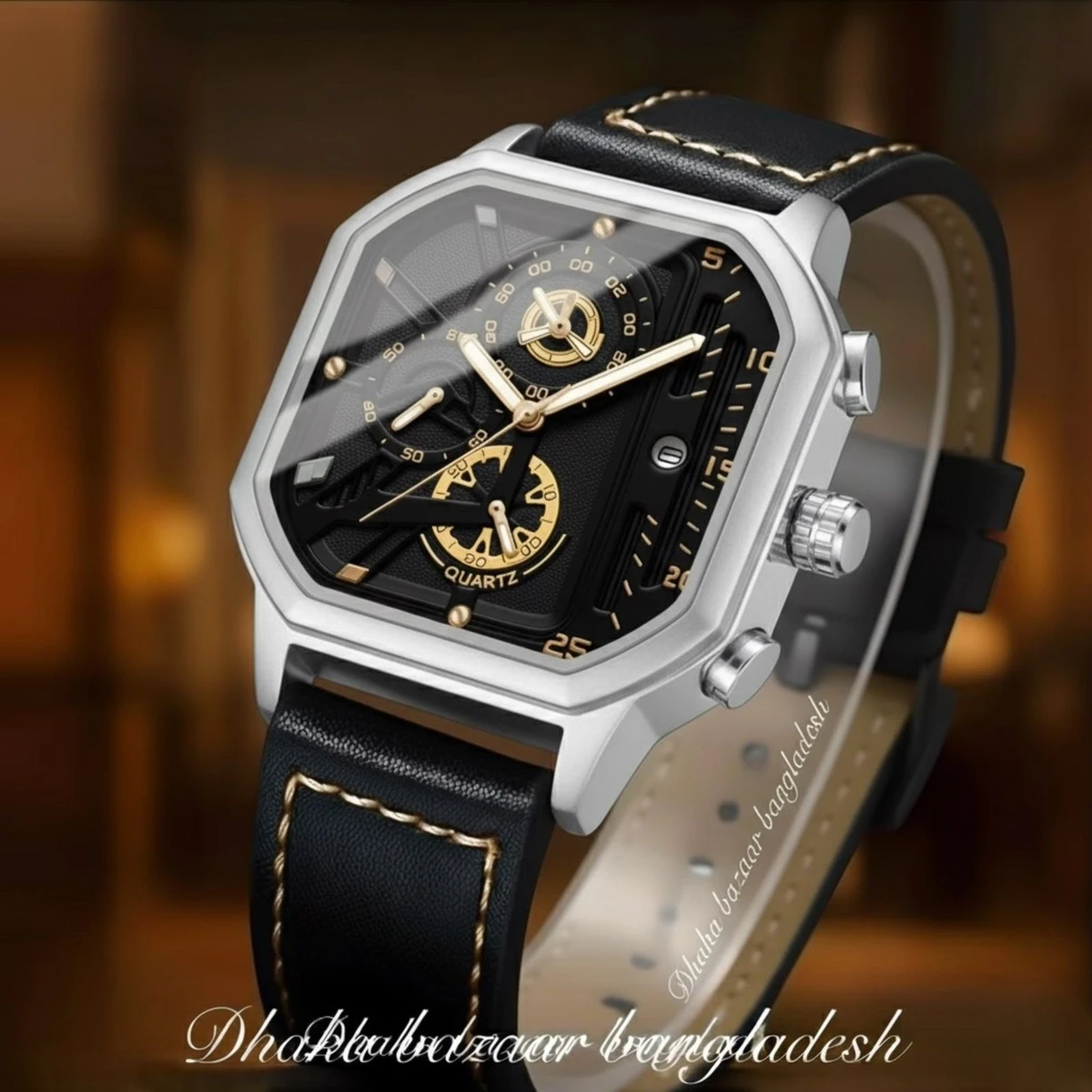 TRSOYEES আর্টিফিশিয়াল লেদার নতুন ডিজাইনের পুরুষদের জন্য ঘড়ি BLACK SILVER