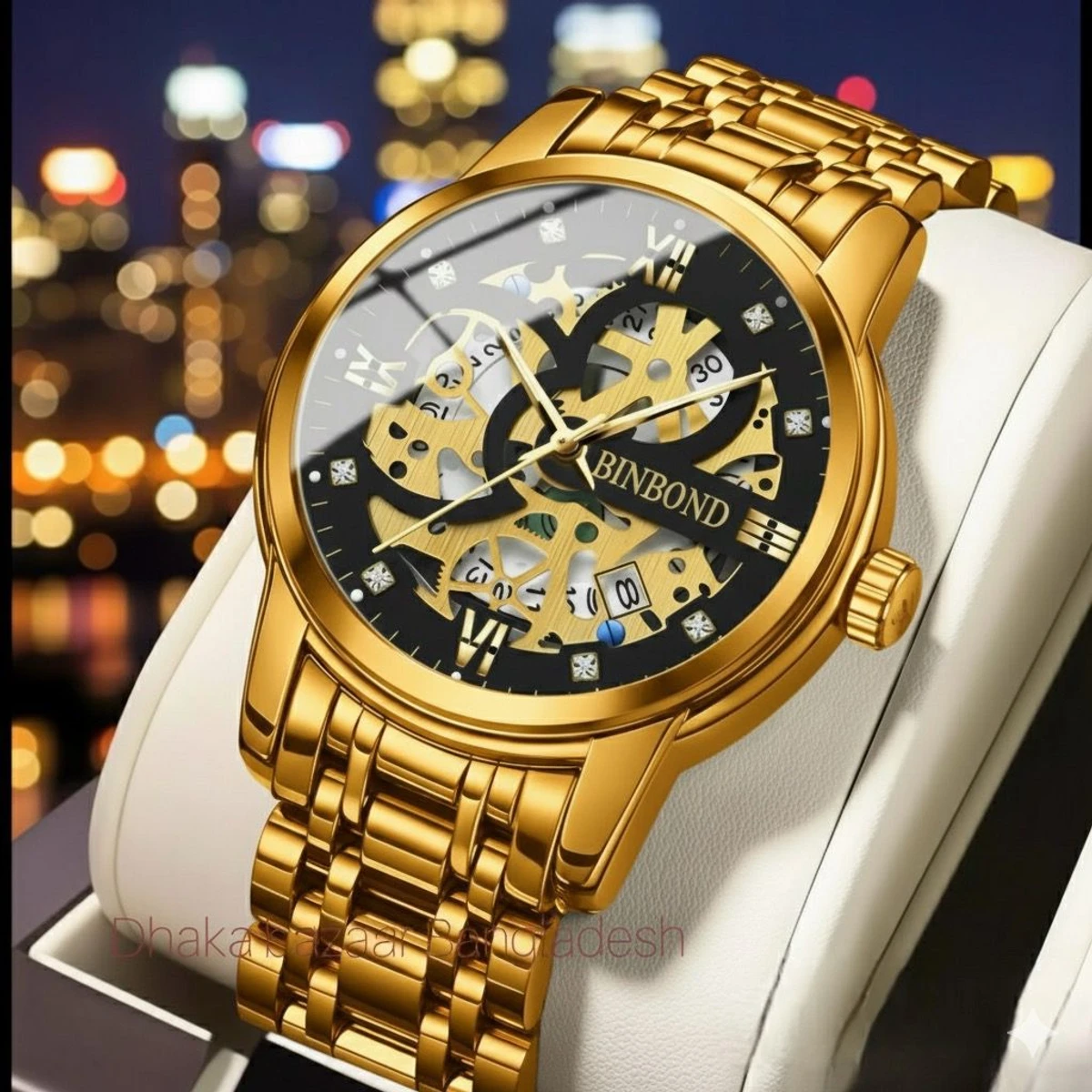 BINBOND BB12 পুরুষের জন্য নন মেকানিক্যাল ওয়াটার প্রুফ ঘড়ি GOLDEN BLACK