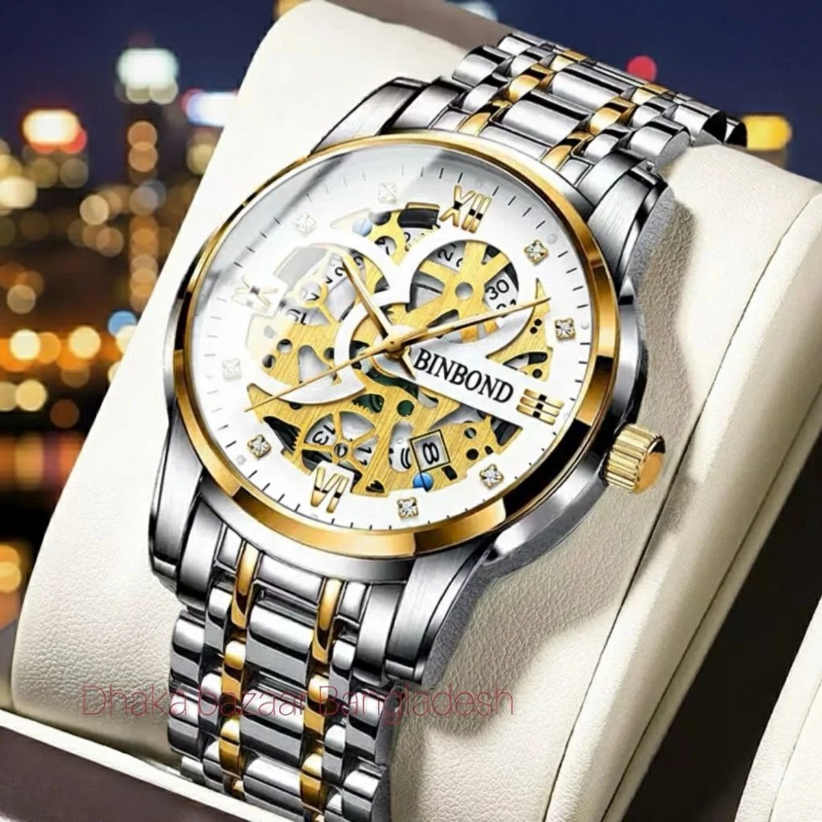BINBOND BB12 পুরুষের জন্য নন মেকানিক্যাল ওয়াটার প্রুফ ঘড়ি SILVER GOLDEN WHITE