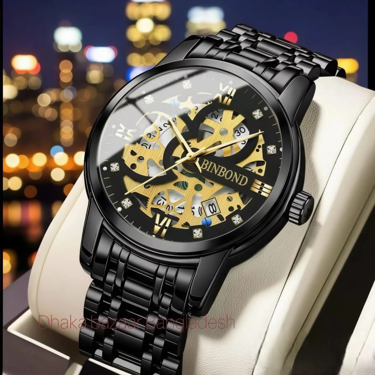 BINBOND BB12 পুরুষের জন্য নন মেকানিক্যাল ওয়াটার প্রুফ ঘড়ি BLACK