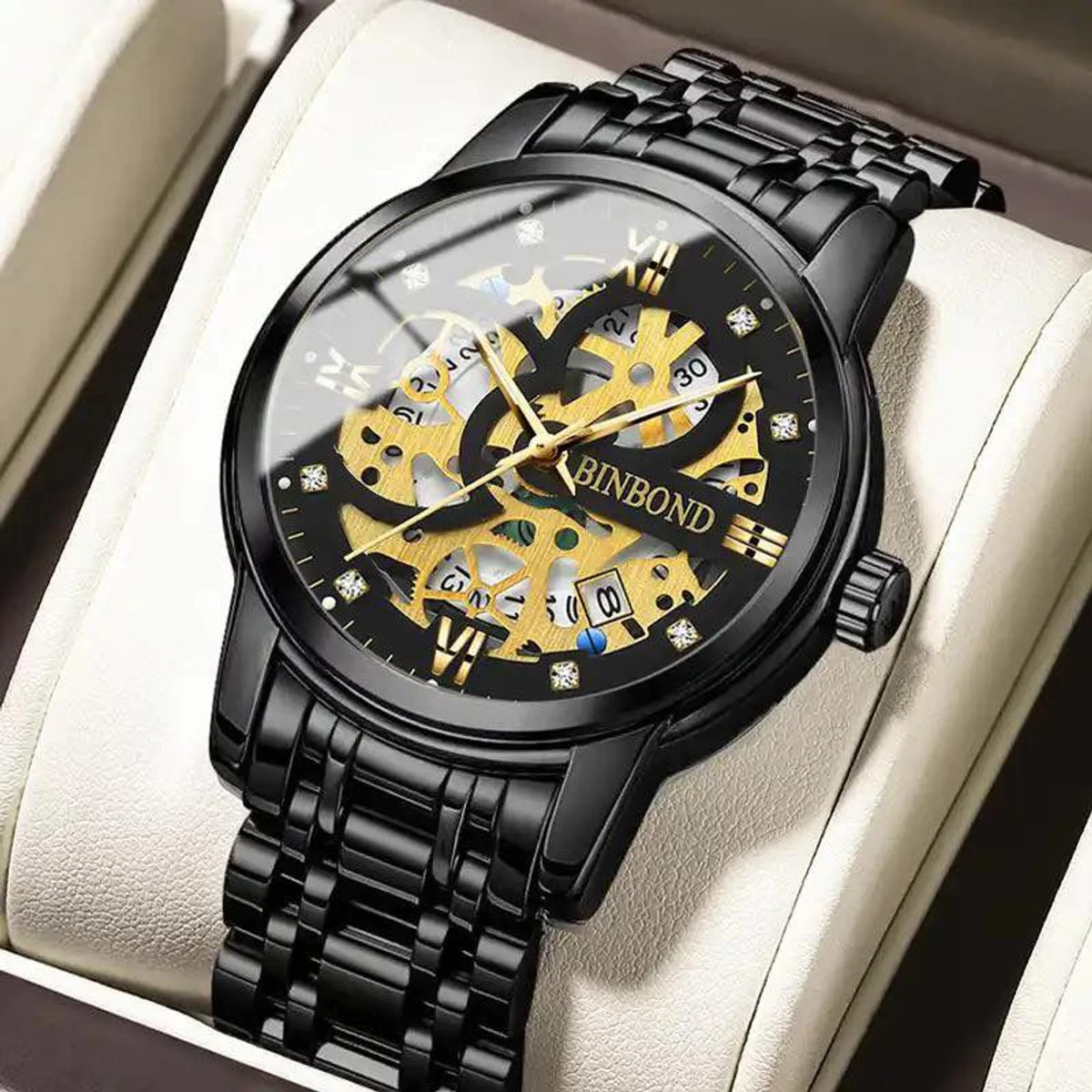 BINBOND BB12 পুরুষের জন্য নন মেকানিক্যাল ওয়াটার প্রুফ ঘড়ি BLACK