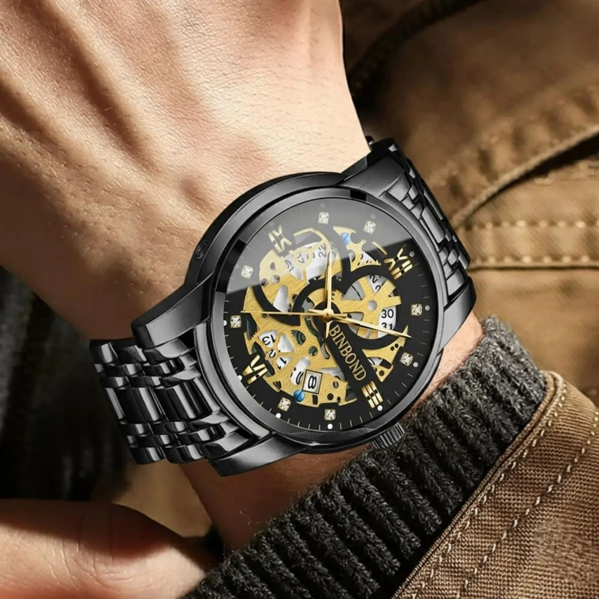BINBOND BB12 পুরুষের জন্য নন মেকানিক্যাল ওয়াটার প্রুফ ঘড়ি BLACK
