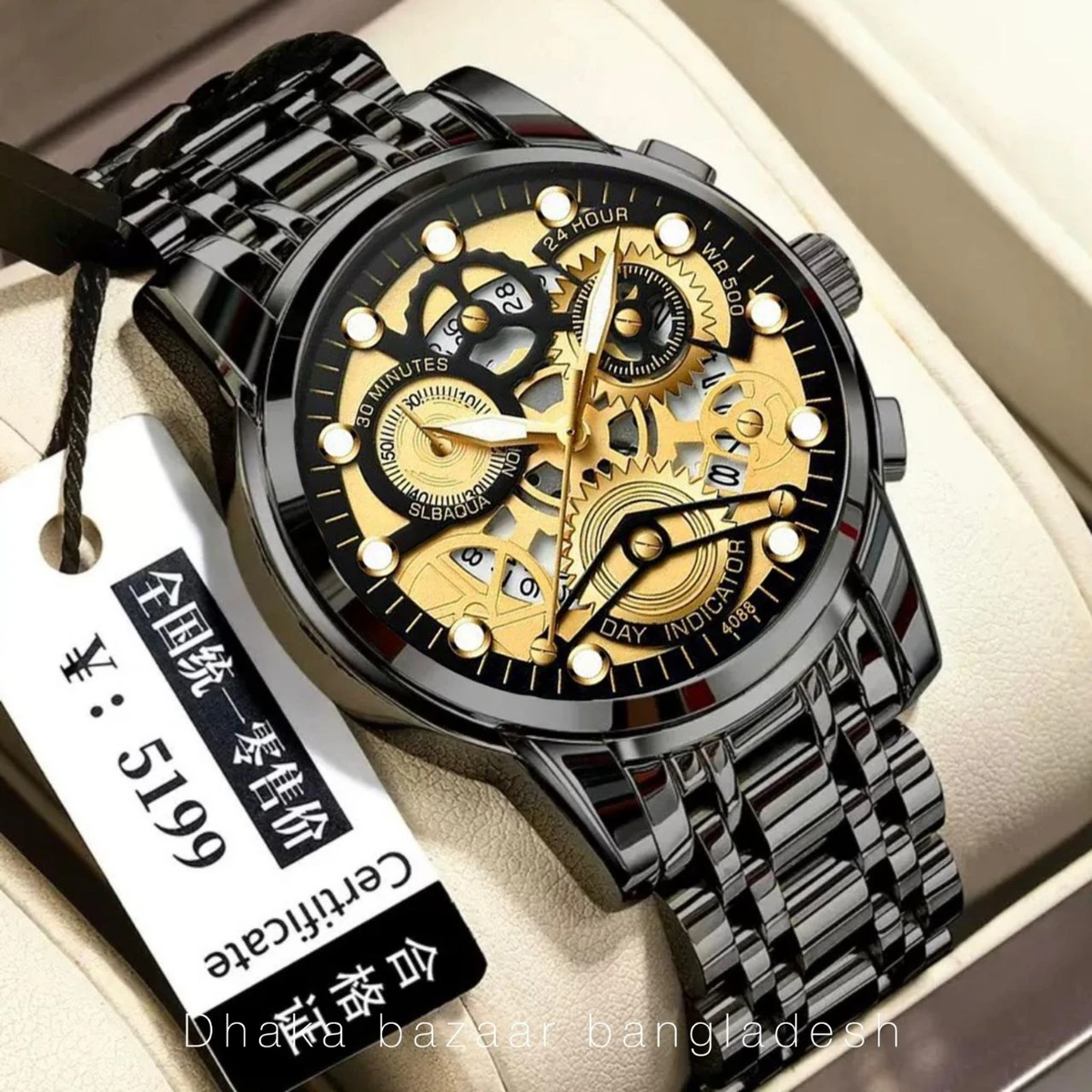 BIN 4088 পুরুষের জন্য নন মেকানিক্যাল ওয়াটার প্রুফ ঘড়ি BLACK GOLDEN DAIL
