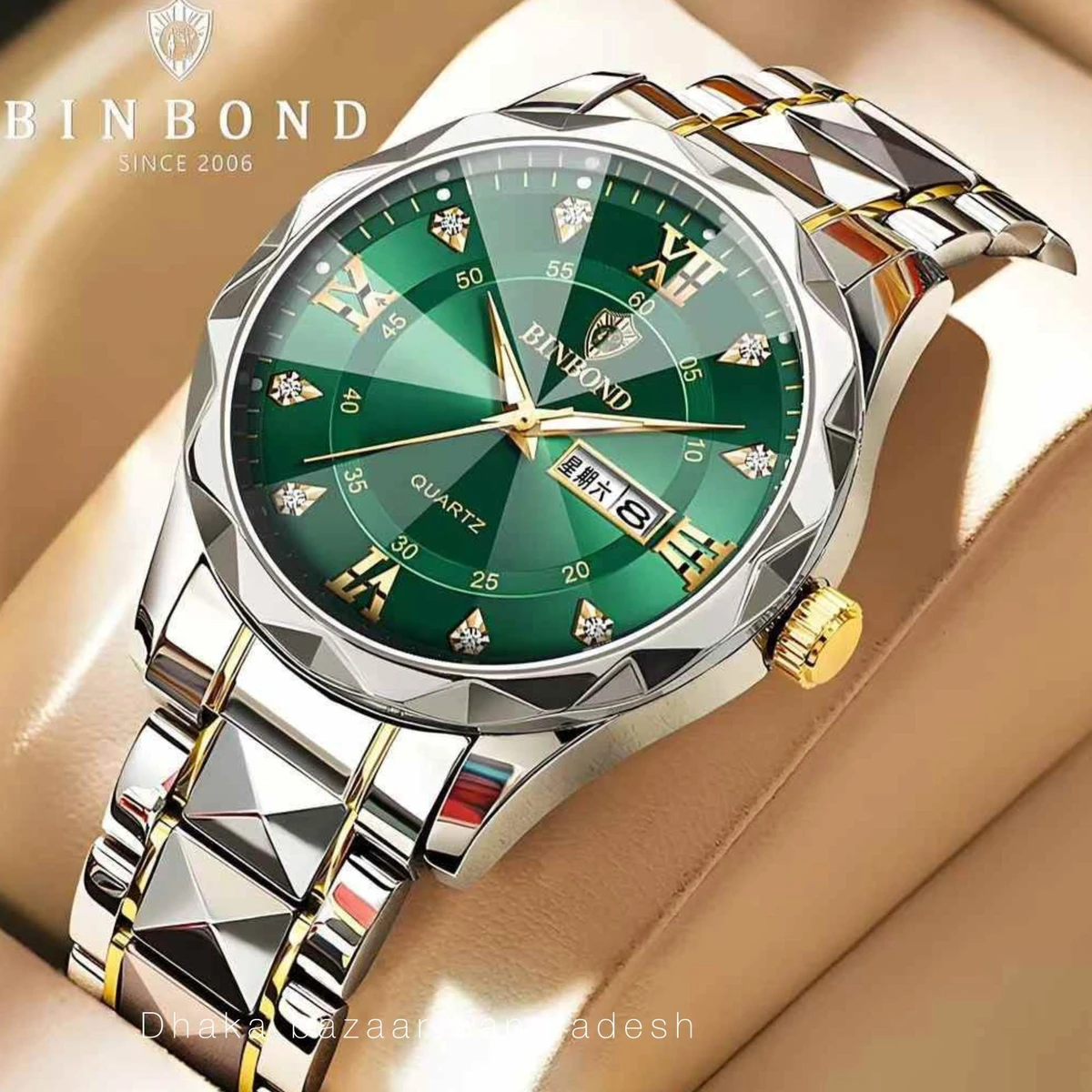 5512 BINBOND ডায়মন্ড কাট নতুন ডিজাইনের পুরুষদের জন্য ঘড়ি SILVER GOLDEN GREEN