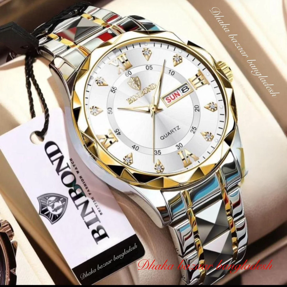 5512 BINBOND ডায়মন্ড কাট নতুন ডিজাইনের পুরুষদের জন্য ঘড়ি SILVER GOLDEN WHITE NEW