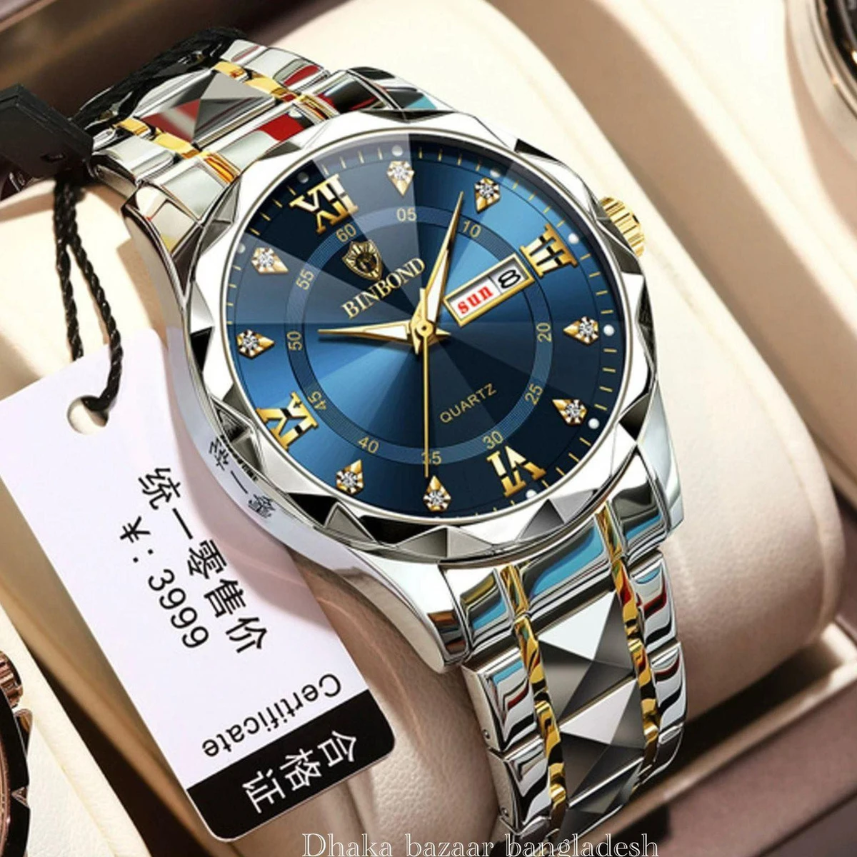 5512 BINBOND ডায়মন্ড কাট নতুন ডিজাইনের পুরুষদের জন্য ঘড়ি SILVER GOLDEN BLUE