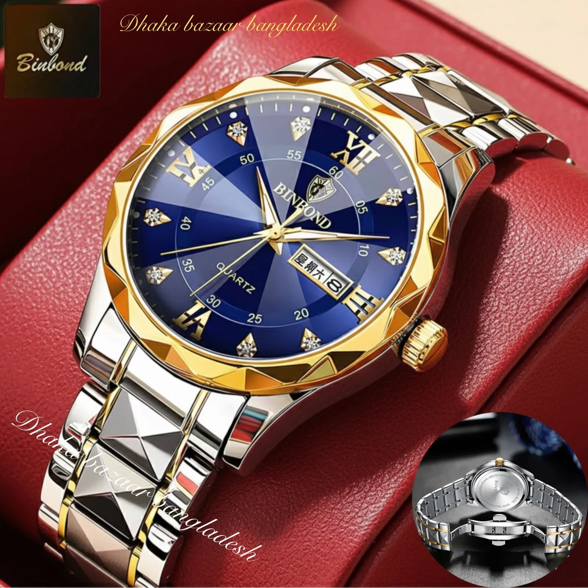 5512 BINBOND ডায়মন্ড কাট নতুন ডিজাইনের পুরুষদের জন্য ঘড়ি SILVER GOLDEN BLUE NEW