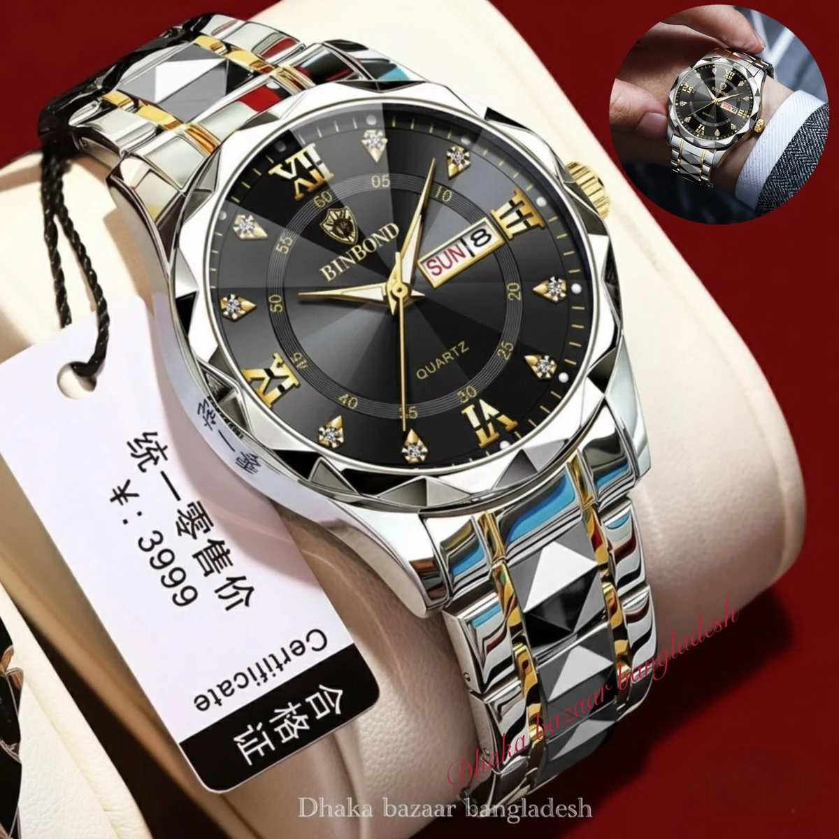 5512 BINBOND ডায়মন্ড কাট নতুন ডিজাইনের পুরুষদের জন্য ঘড়ি SILVER GOLDEN BLACK