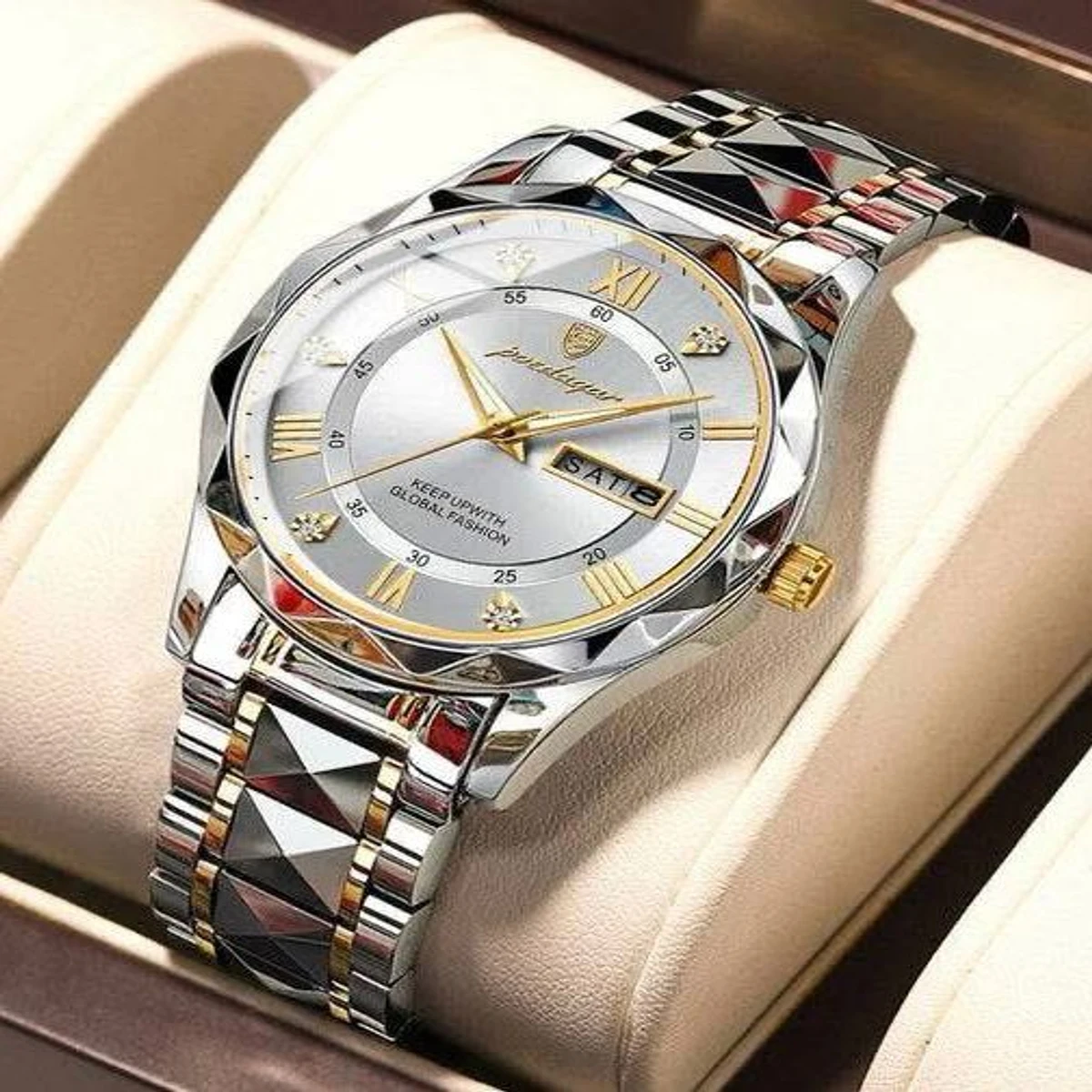 PEO 6677 ডায়মন্ড কাট নতুন ডিজাইনের পুরুষদের জন্য ঘড়ি SILVER GOLDEN WHITE