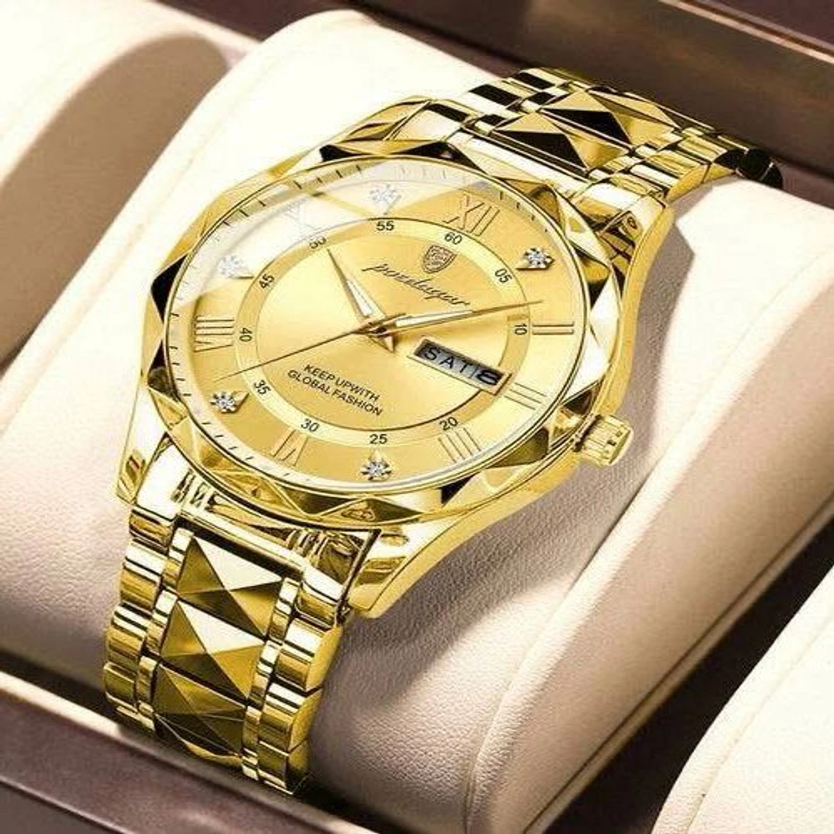 PEO 6677 ডায়মন্ড কাট নতুন ডিজাইনের পুরুষদের জন্য ঘড়ি GOLDEN