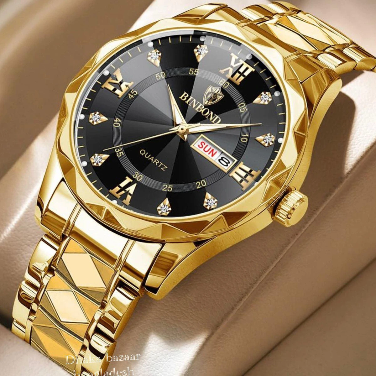 5512 BINBOND ডায়মন্ড কাট নতুন ডিজাইনের পুরুষদের জন্য ঘড়ি GOLDEN BLACK